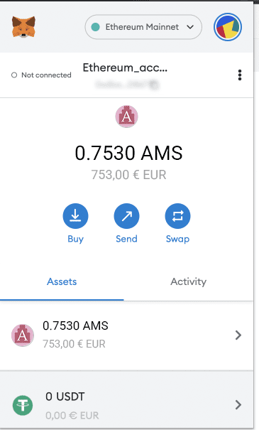 MetaMask wallet with 0.753 AMS in it